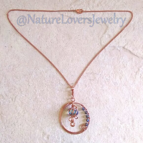 Handmade! Embellished Copper Circle Elemental Pendant + Chain! Flirty & Feminine - Picture 4 of 10
